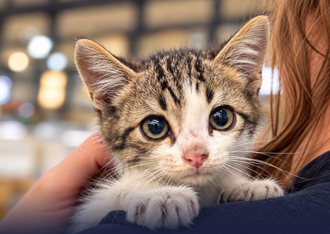 Gatito de colonia en brazos de una voluntaria